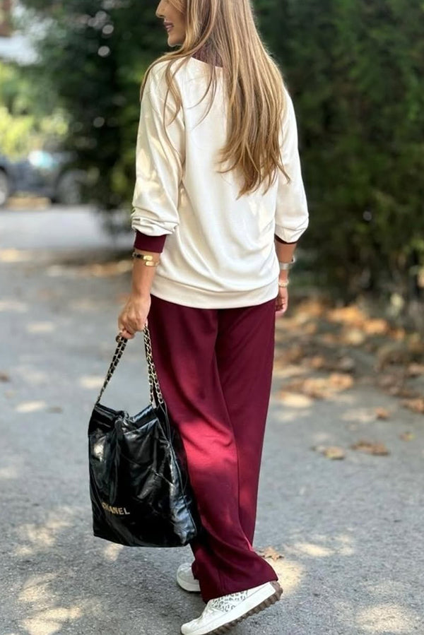 Color-blocked V-neck Knitted Button-down Cardigan and Elastic Waist Casual Wide-leg Pants Set