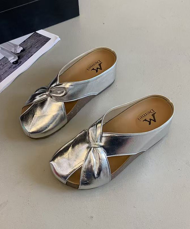 Champagne Faux Leather Wedge Heels Slide Sandals