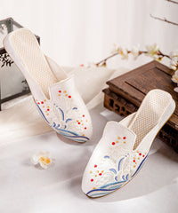 White Embroideried Cotton Fabric Chinese Style Splicing Flat Slide Sandals