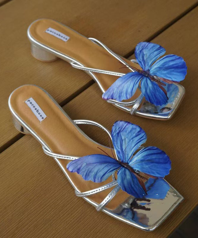 Stylish Butterfly Splicing Chunky Blue Faux Leather Slide Sandals