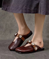 Ethnic Style Green Floral Cowhide Leather Flats Slide Sandals