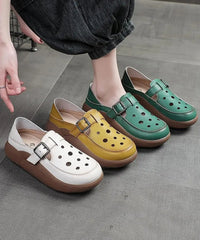 Green Cowhide Leather Hollow Out Flat Shoes