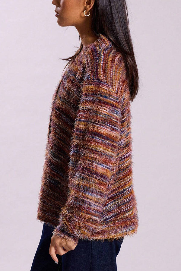 Mixed Color Loose V-neck Casual Knit Cardigan