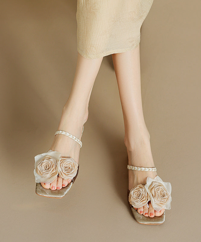 Brown Cowhide Leather Floral Splicing Chic Slide Sandals Peep Toe