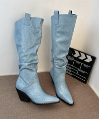 Splicing Chunky Boots Blue Faux Leather Pointed Toe