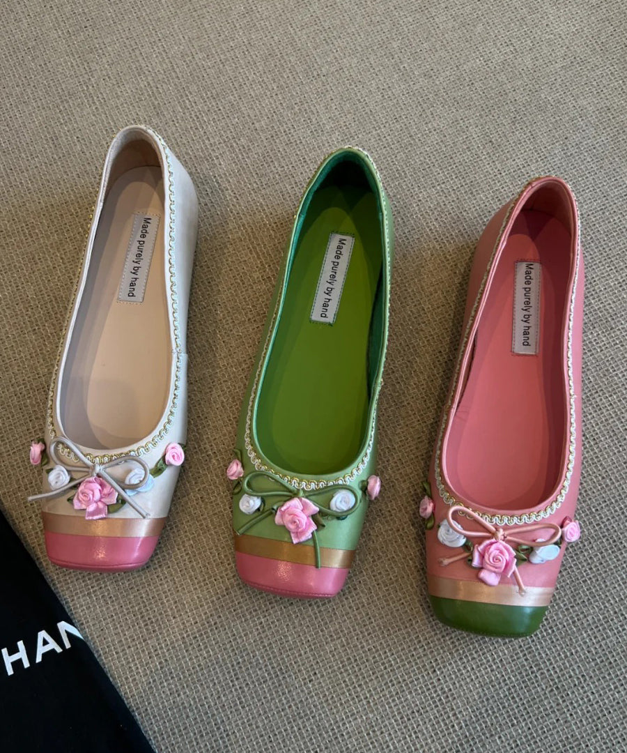 Pink Floral Embroidered Splicing French Flat Shoes For Women