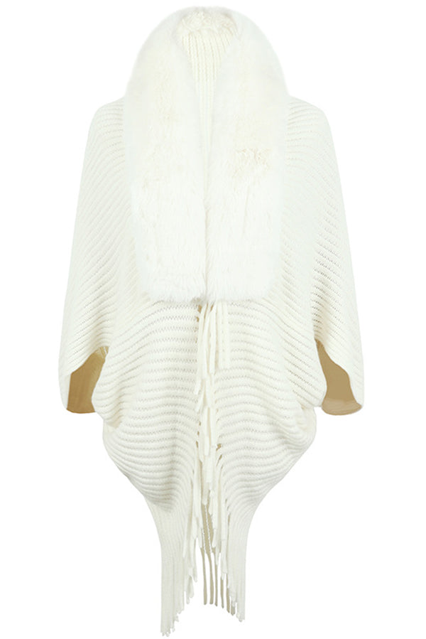 Fur Collar Tassel Hem Knitted Shawl Cape