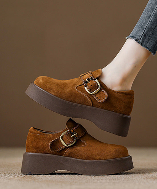 Caramel Suede Platform Flat Shoes For Splicing Buckle Strap