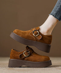 Caramel Suede Platform Flat Shoes For Splicing Buckle Strap