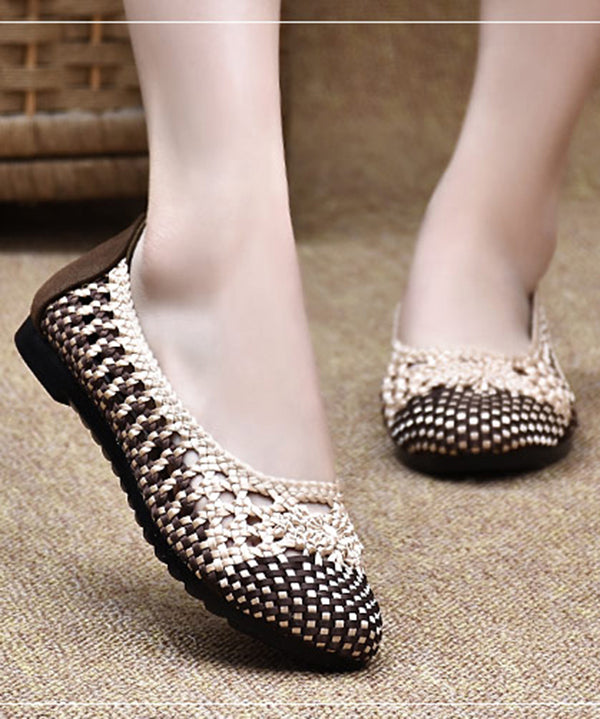 Handmade Pointed Toe Flat Shoes For Beige Chocolate Knit Fabric Flats