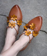 Brown Flat Shoes For Cowhide Leather Splicing Floral Pointed Toe