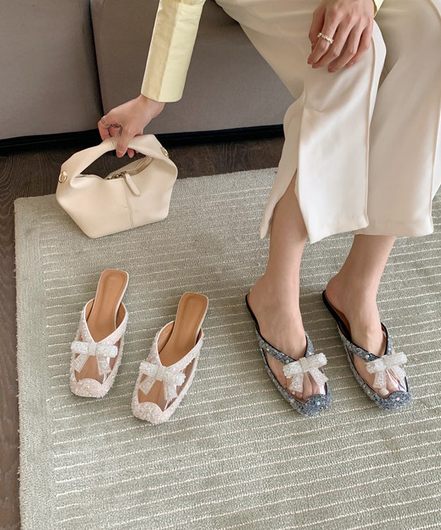 Beige Bow Zircon Splicing Stylish Slide Sandals