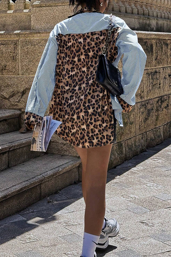 Striped Leopard Print Patchwork Loose Casual Long-sleeved Shirt