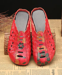 Boho Hollow Out Splicing Red Cowhide Leather Slide Sandals