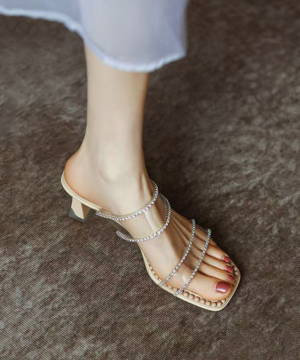 Apricot Clear Chunky Heel Zircon Slide Sandals Peep Toe