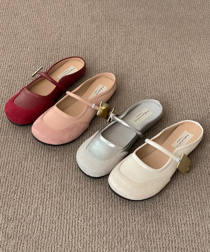 Beige Buckle Strap Splicing Slide Sandals