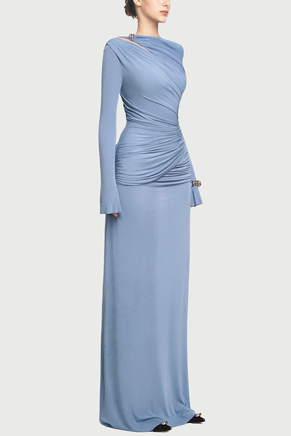 Long-sleeved Slim-fit Pleated Elegant Maxi Dress