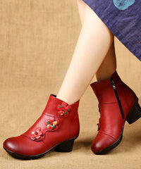 Red Boots Chunky Cowhide Leather Splicing Floral