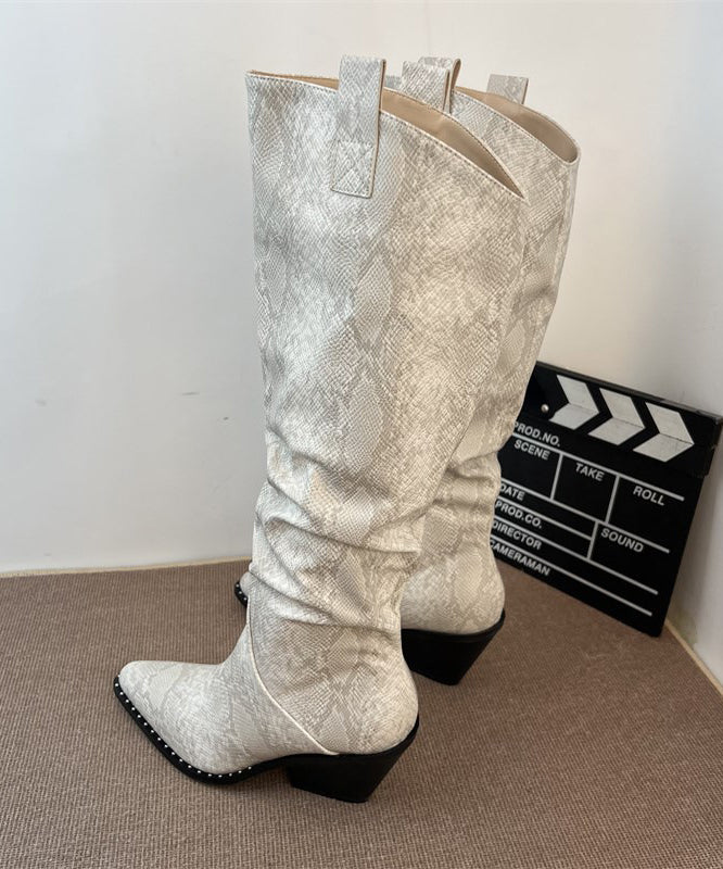 Splicing Chunky Boots Blue Faux Leather Pointed Toe