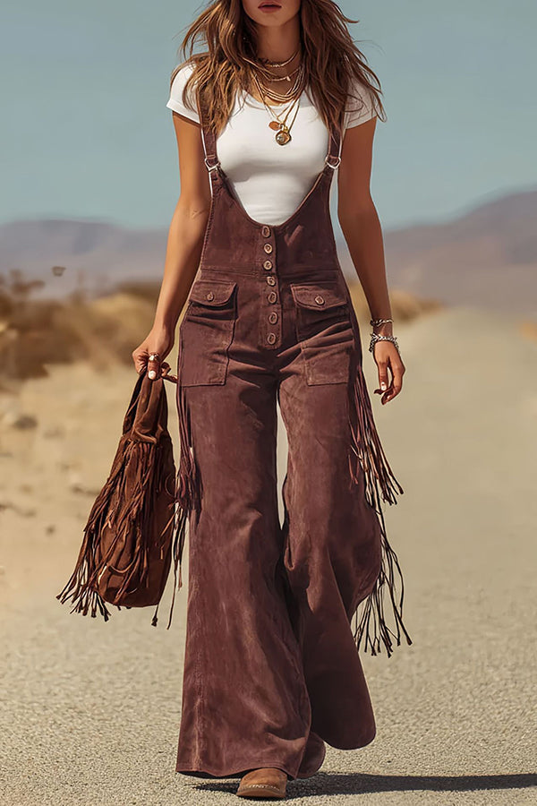 Suede Tassel Button Pocket Casual Wide-leg Overalls