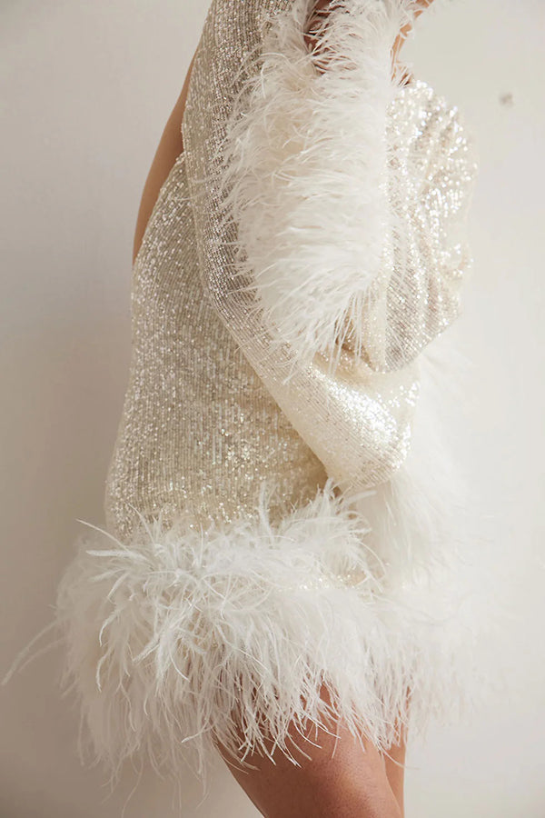Sequined Feather Long-sleeved Backless Mini Dress