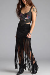 Tassel Hem Slim-fit Suede Casual Midi Skirt