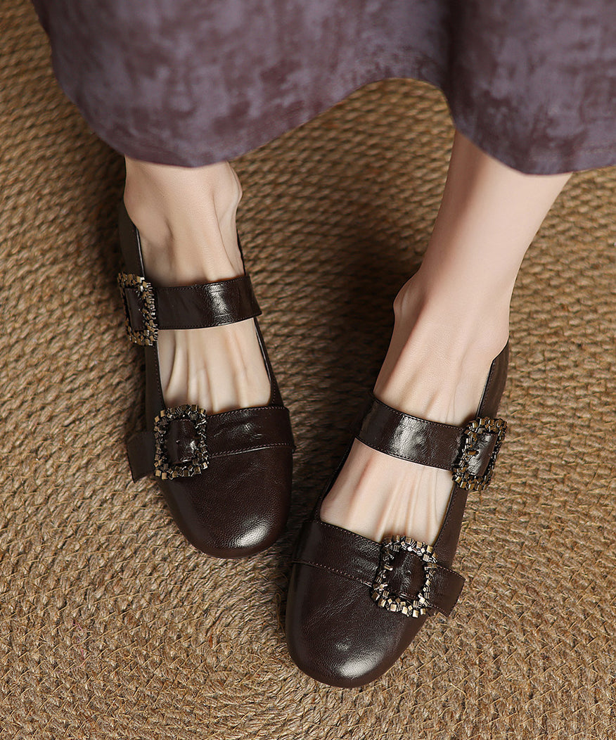 Brown Buckle Strap Splicing French Sheepskin Flat Shoes