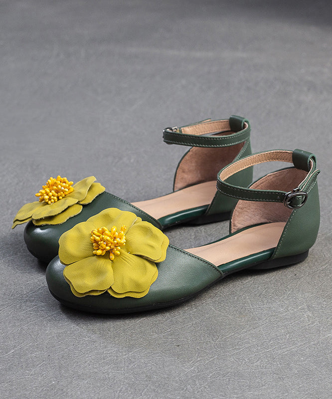 Vintage Green Flat Sandals Splicing Floral Buckle Strap