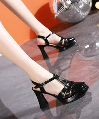 Apricot Buckle Strap Splicing Hollow Out Chunky Heel Sandals