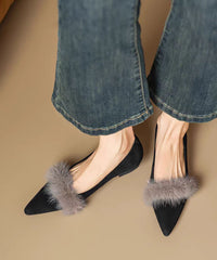 Autumn Black Fuzzy Fur Splicing Pointed Comfortable Flat Shoes