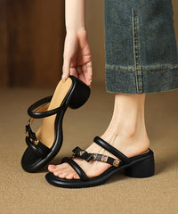 Beautiful Splicing Chunky Black Cowhide Leather Slide Sandals