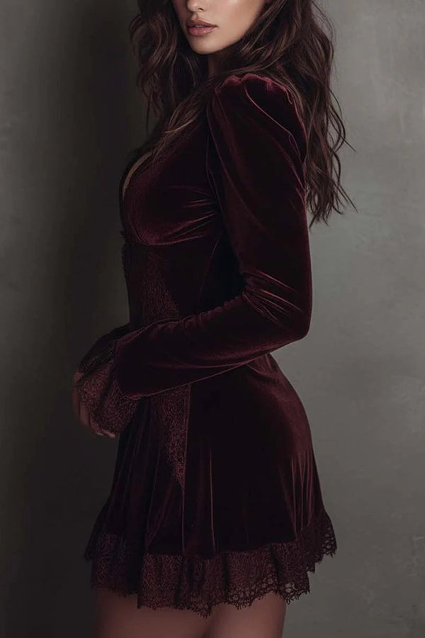 Velvet and Lace Patchwork Long-sleeved V-neck Slim-fit Mini Dress