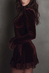 Velvet and Lace Patchwork Long-sleeved V-neck Slim-fit Mini Dress