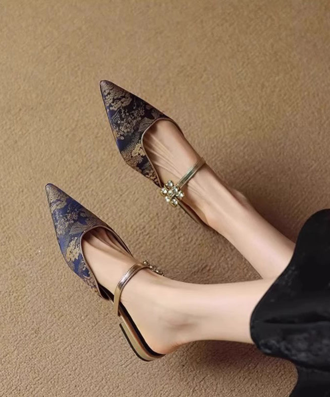 Blue Splicing Slide Sandals Pointed Toe Jacquard Zircon