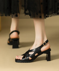 Black Splicing Chunky Heel Sandals Hollow Out Peep Toe