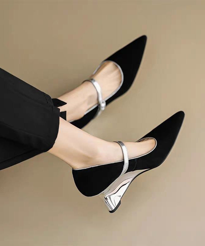 Black Wedge Heels Shoes Suede Fitted Splicing Buckle Strap