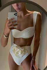 Solid Color Square Neck High Waist 3D Floral Stretch Bikini Swimsuit