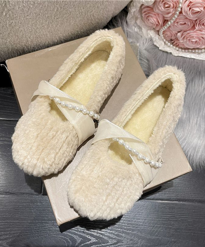 French Apricot Fuzzy Fur Splicing Flat Shoes For Women