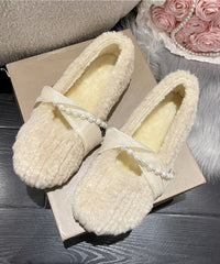 French Apricot Fuzzy Fur Splicing Flat Shoes For Women