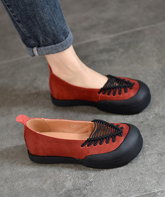 Casual Comfortable Red Cowhide Leather Splicing Flat Feet Shoes
