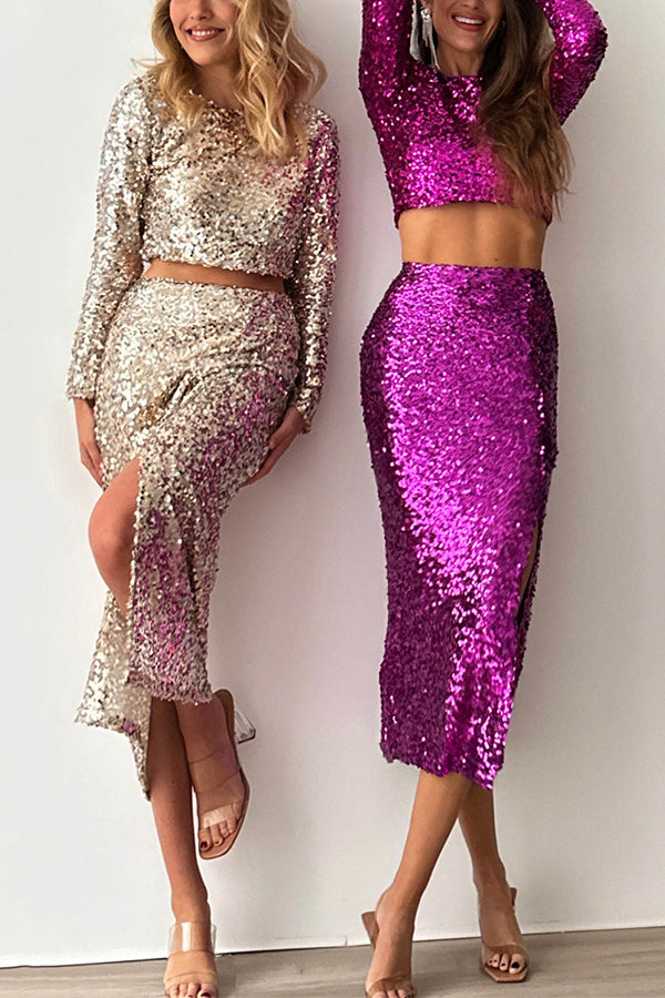 Solid Sequined Long-sleeved Crop Top and Slit Midi Skirt Set