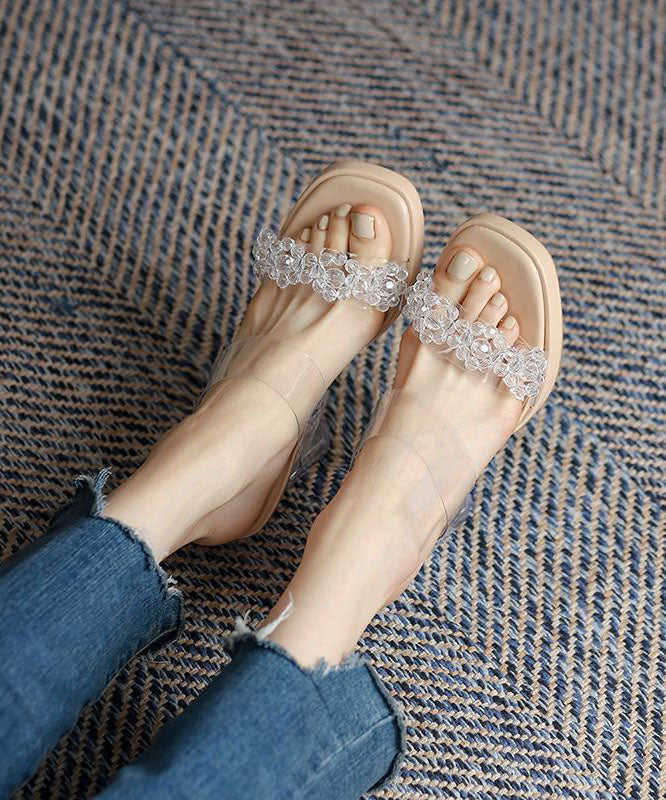 Beige Chunky Clear High Heel Slippers Peep Toe Platform Heels