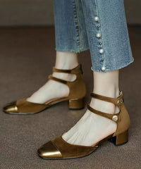 Champagne Velour Splicing Cowhide Leather Chunky Sandals