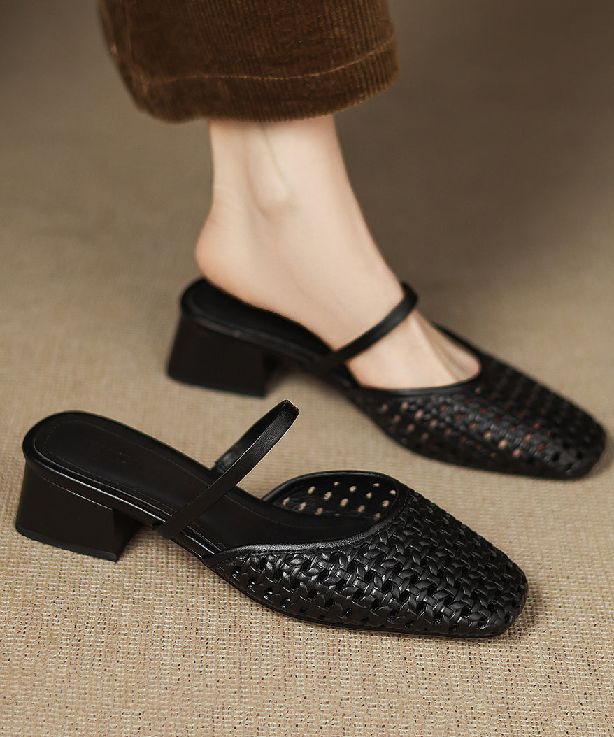 Black Splicing Boutique Chunky Slide Sandals Hollow Out