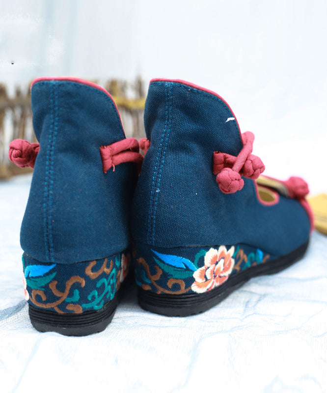 Blue High Wedge Heels Shoes Wedge Embroideried Comfy Cotton Fabric Buckle Strap High Wedge Heels Shoes
