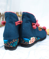 Blue High Wedge Heels Shoes Wedge Embroideried Comfy Cotton Fabric Buckle Strap High Wedge Heels Shoes