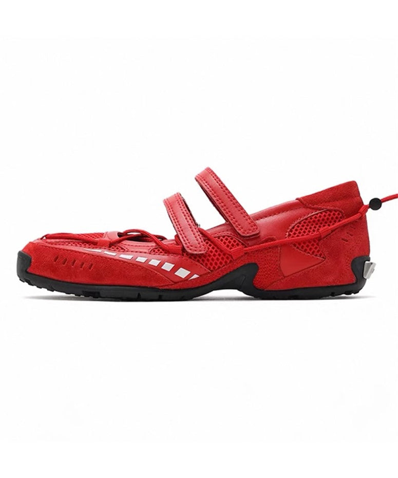 Red Faux Leather Buckle Strap Splicing Sport Flats
