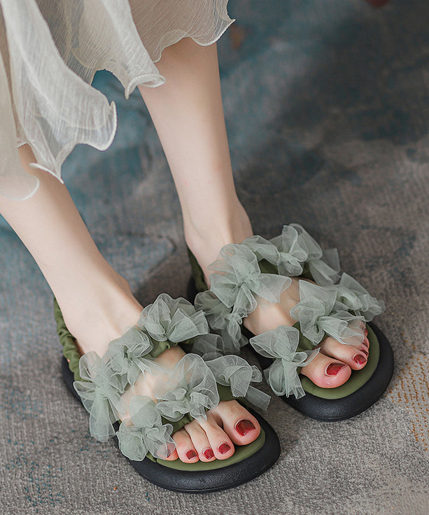 Green Tulle Bow Splicing Walking Sandals