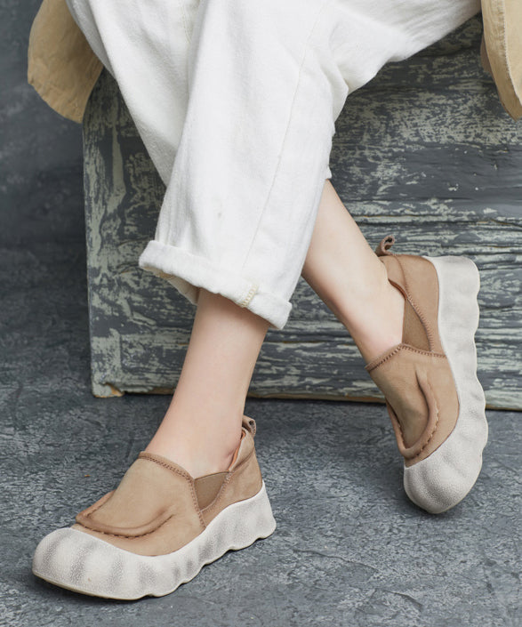 Handmade Splicing Platform Flat Feet Shoes Green Cowhide Leather