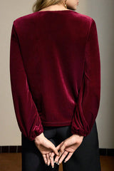 Velvet Pleated Long-sleeved Knotted Casual Top